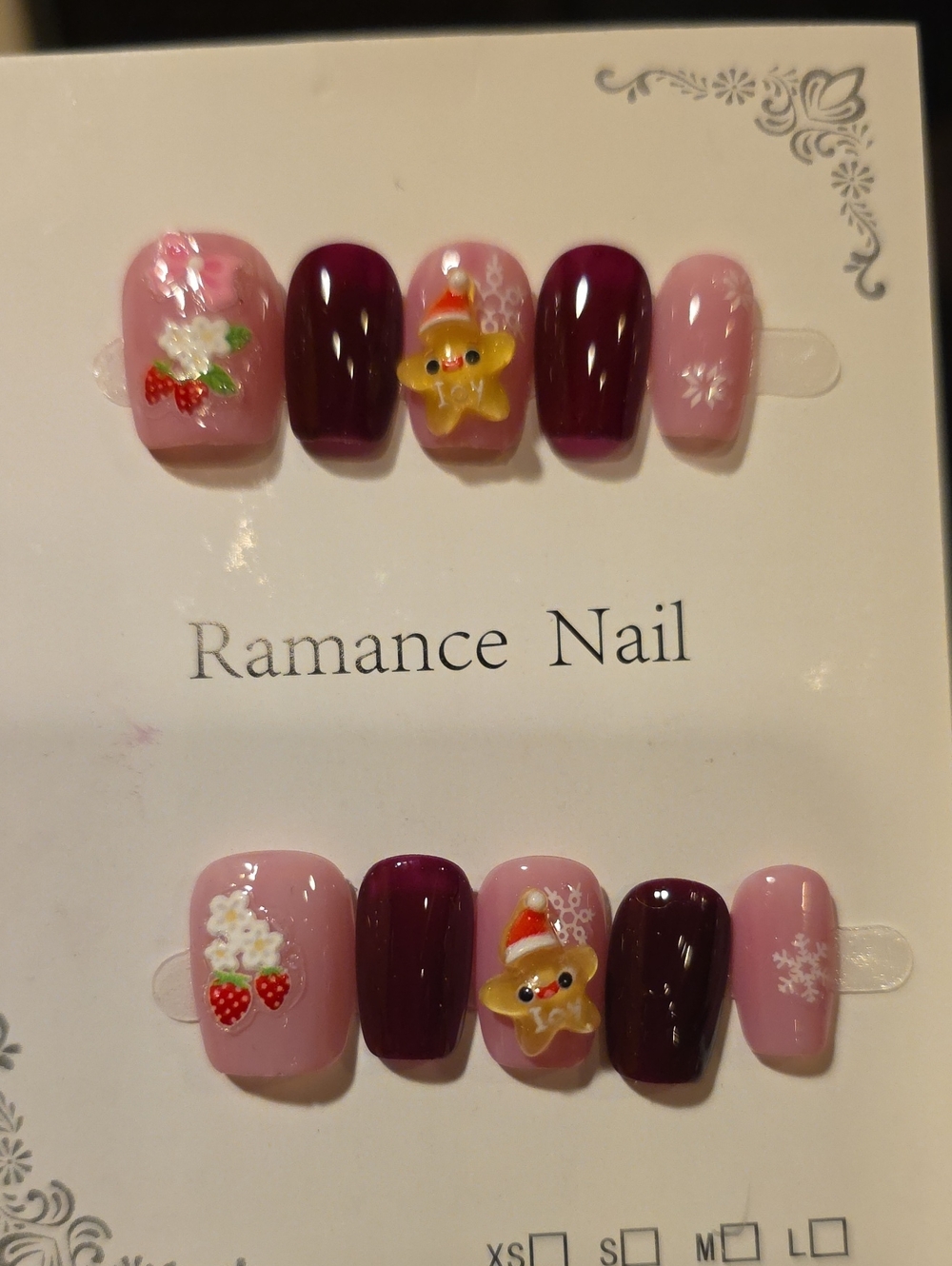 X-mas Pink & Burgundy Decorative Press-On Nails Size Med
